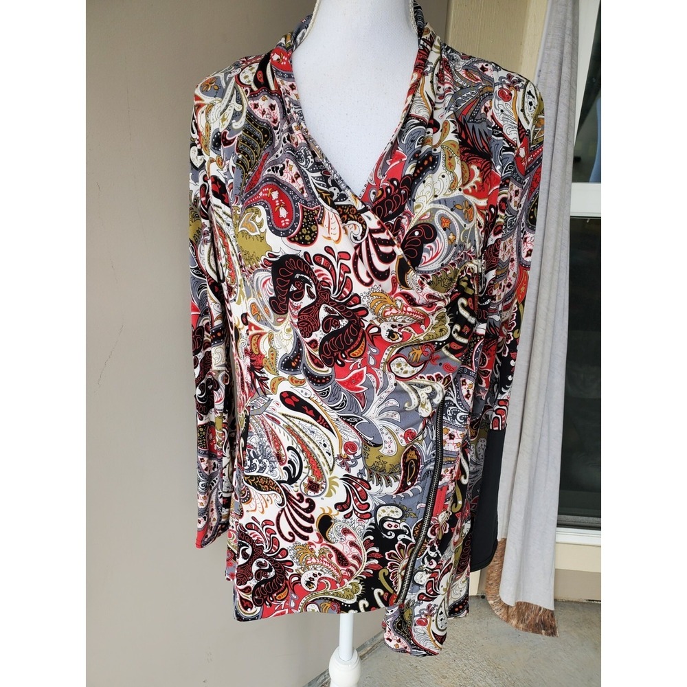 Joseph Ribkoff Top Women 10 Red Paisley Zip Front‎ Drape Neck Tunic Artsy Boho